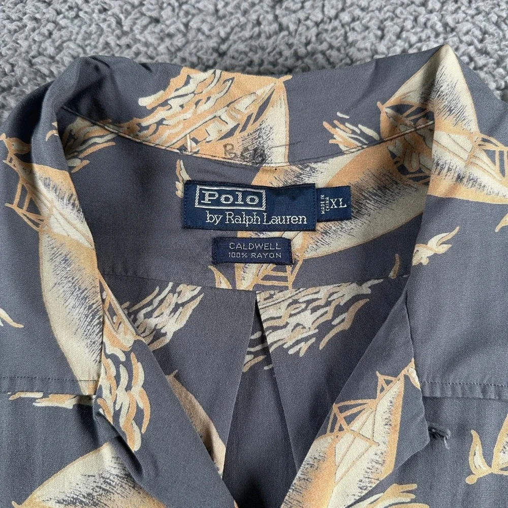 Vtg Polo Ralph Lauren Caldwell Shirt Mens XL Gray Rayon Sailboat Loop Collar 90s